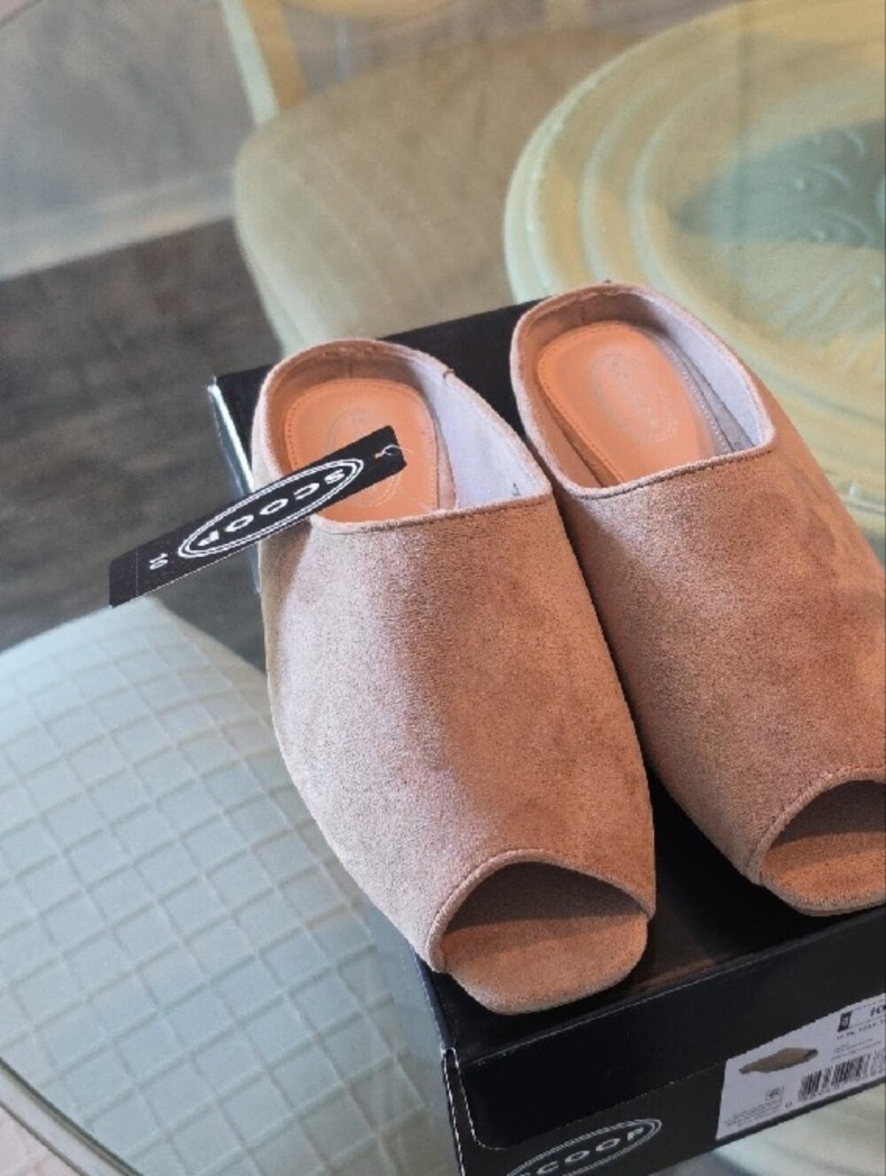 Scoop Peep Toe Mule Faux Suede